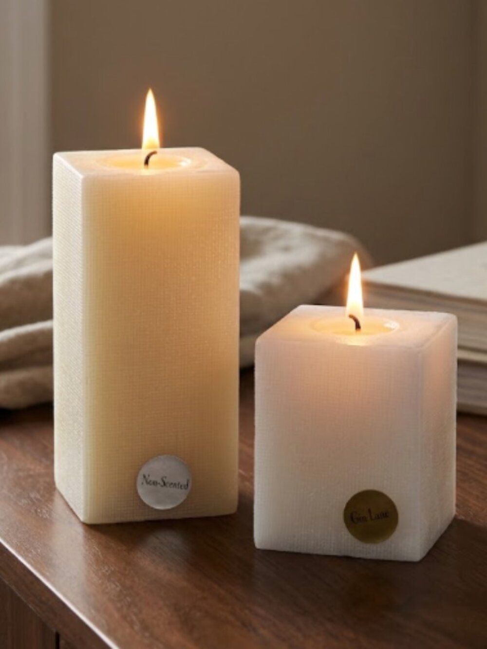 2 Square Pillar Candles cream and white. 2.75” square, New.